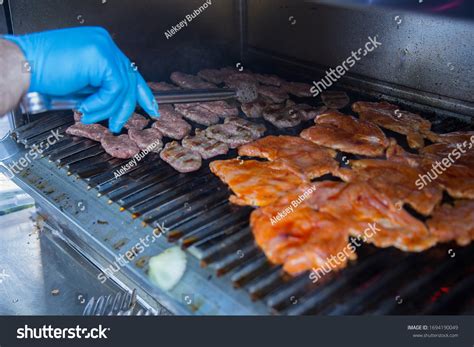 Man Flips Pieces Barbecue Meat Stock Photo Shutterstock