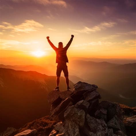 Vencedor De Homem Bem Sucedido Pessoa Feliz No Topo Do Monte Cara