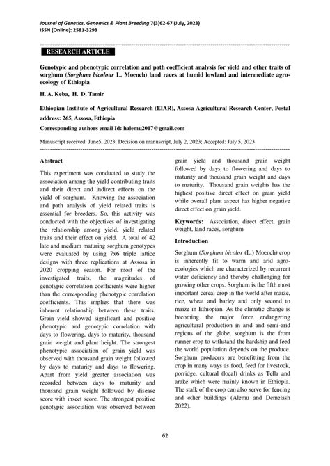 PDF Genotypic And Phenotypic Correlation In Sorghum H A Keba And H D