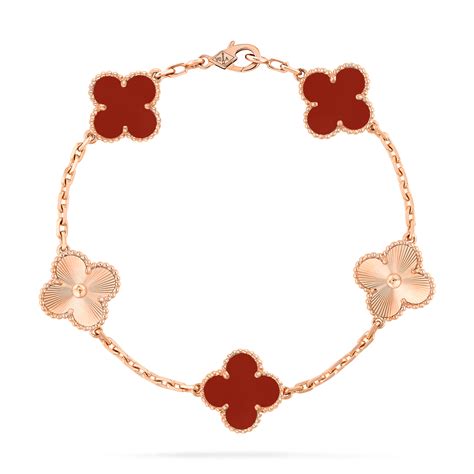 Vintage Alhambra Bracelet 5 Motifs 18K Rose Gold Carnelian Van