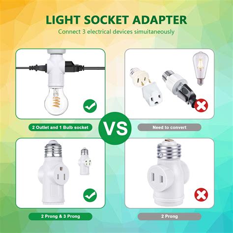 2 Pcs 3 Prong Light Bulb Outlet Socket Plug Adapter