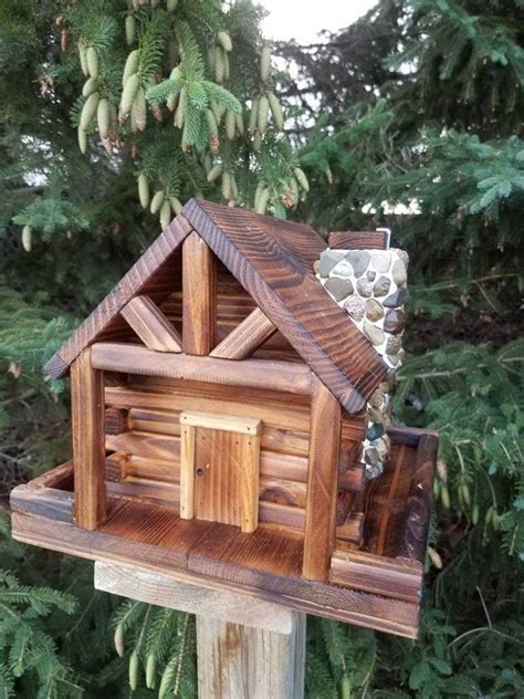 Bird Feeder Log Cabin Style With Stone Chimney Etsy Wooden Bird