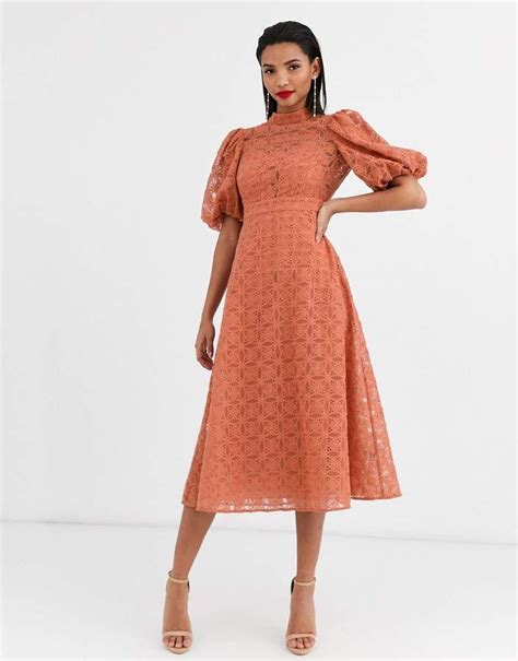 Asos Design Design Broderie Organza Midi Skater Dress With Puff Sleeves