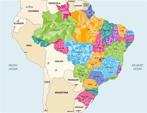 Mapa Do Brasil E Paises Vizinhos - Estados Do Brasil E Municípios Vetor Mapa Colorido Detalhado E ...