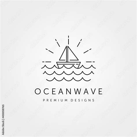 Sail Boat Logo Vector Line Art With Ocean Wave Symbol Illustration