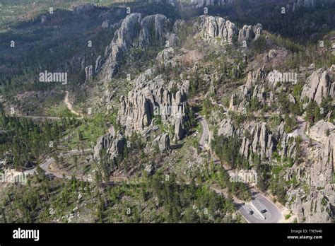 Looking down from a helicopter to the winding route 87 that goes around ...