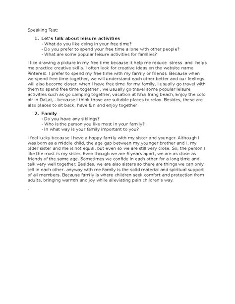 Speaking Test Speaking Test 1 Lets Talk About Leisure Activities