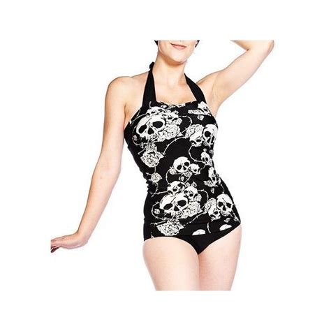 Banned Bikini Black Swimsuit Tankini Skulls Roses Goth White S 8