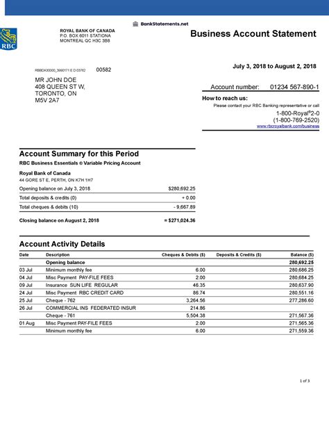 Business Bank Statement Royal Bank Of Canada Bank Statements Royal