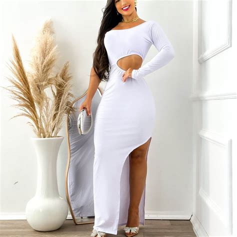 Vestido Longo Com Fenda E Manga Longa Única Premium Branco Vestido