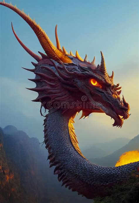 Close Up Of An Ancient Fierce Fire Dragon With Burning Eyes Stock