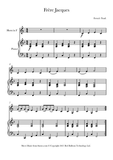 Frere Jacques For French Horn Free Sheet Music For French Horn