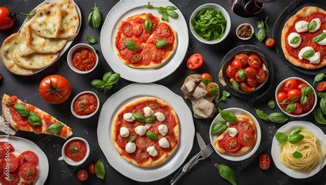 Full Table Of Italian Meals On Plates Pizza Pasta Ravioli Carpaccio