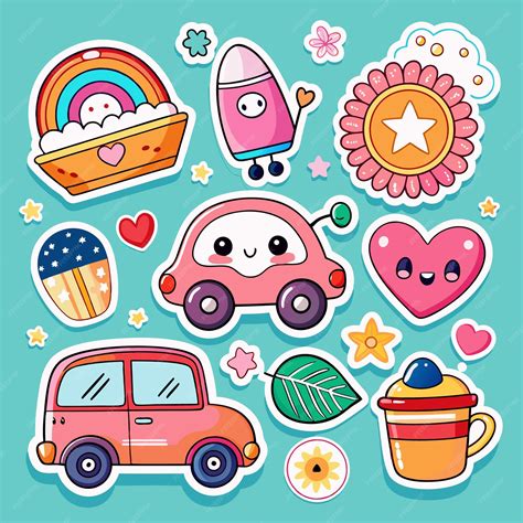 Cute Cartoon Sticker Set With Rainbow Flower Car Heart Rocket Mug And