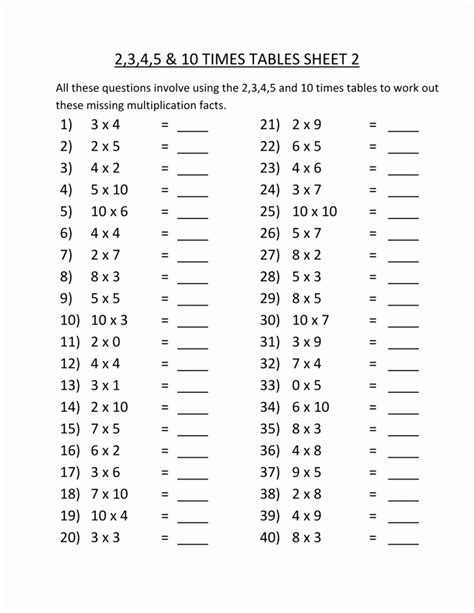 Grade Times Tables Worksheets