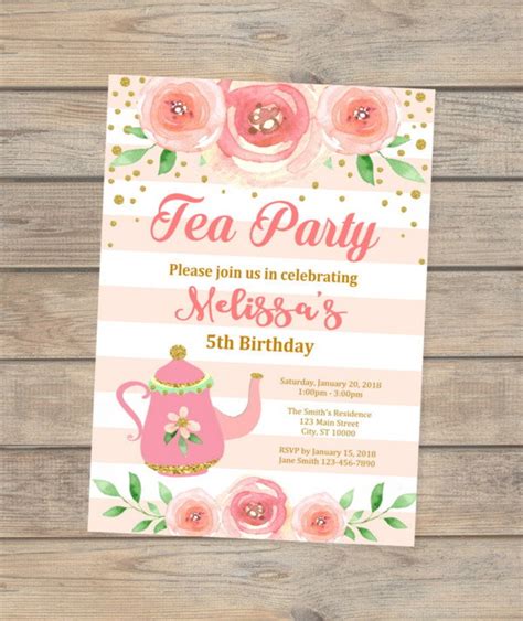 Tea Party Invitation, Pink and Gold Tea Party Birthday Invitations ...