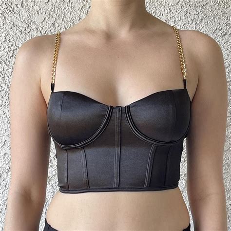 Black Satin Corset Bustier Top With Gold Chain Depop