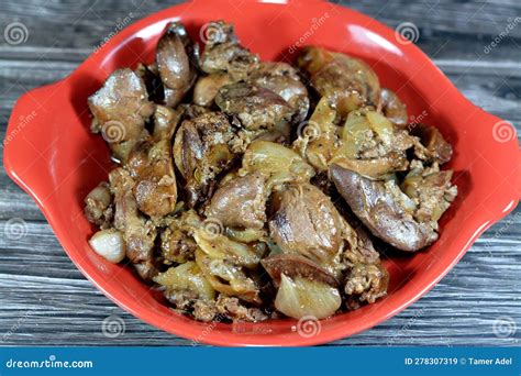 Cooked Chicken Livers Gizzards And Hearts Selective Focus Of Fresh