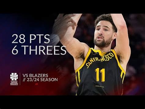 Klay Thompson 28 Pts 6 Threes Vs Blazers 23 24 Season YouTube