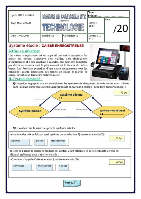 Me Sciences Technologie Devoir De Contr Le N Caisse Enregistreuse