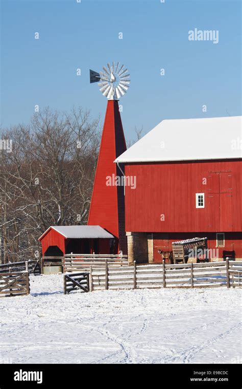 Red Barn In Winter Snow Historic Barn Old Red Barn At Carriage Hill