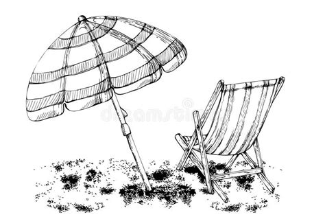 Hand Drawn Vector Ink Composition Striped Beach Accessories Umbrellas