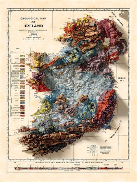 Ireland Map Vintage Ireland Topo Map 3D Effect Geological Etsy UK