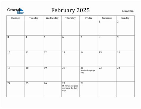 February 2025 - Armenia Monthly Calendar with Holidays