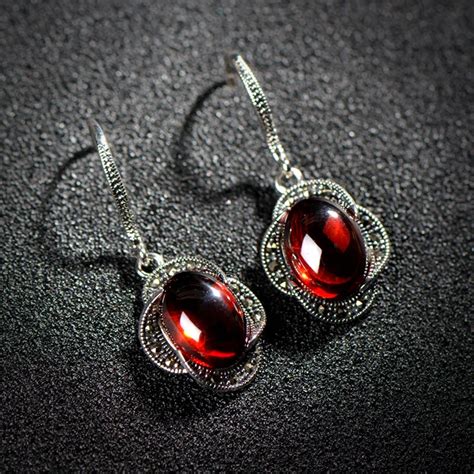 Fashion Classic Drop Earring Female Vintage 925 Silver Cz Red Stone Hand Made Luxury Retro Style