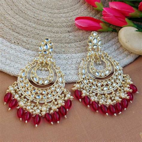 Dark Pink Color Kundan Pearl Studded Chandbali Earrings Fashioncrab