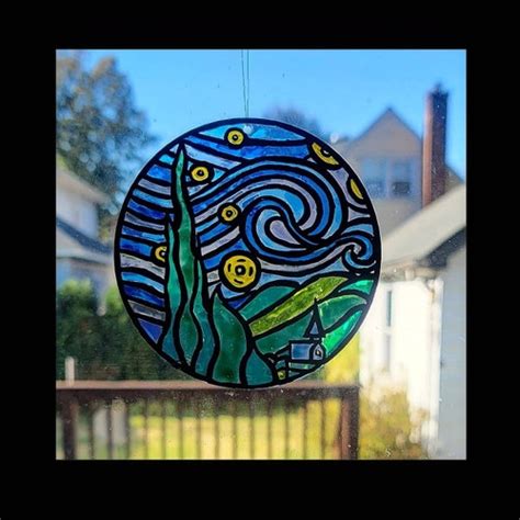 Starry Night Van Gogh Suncatcher Hand Painted Stained Glass Etsy