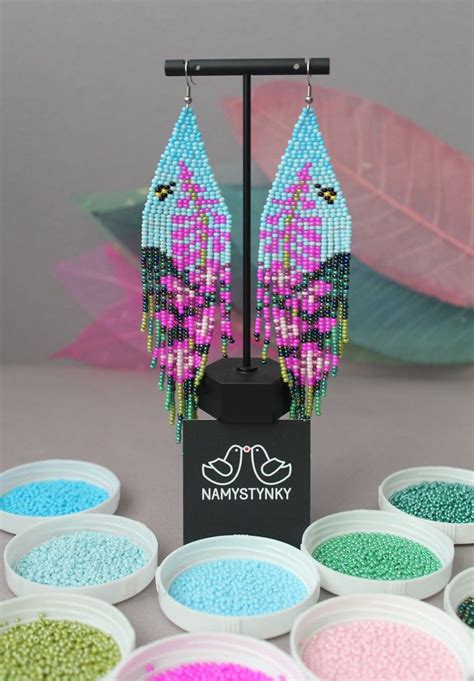 Mountain Landscape Beaded Earrings Fireweed Flowers Beadwork Earrings