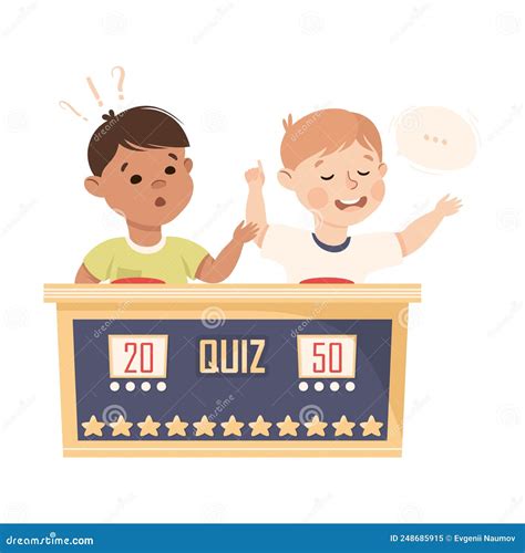 Little Boy Playing Quiz Game Or Mind Sport Standing At Press Button