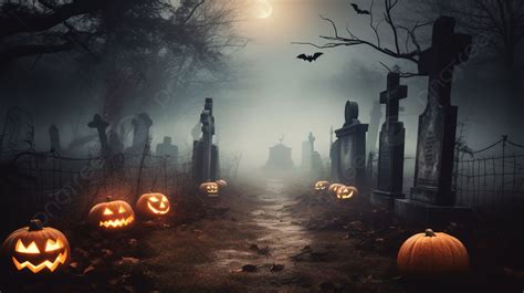 Fondo Cementerio De Halloween Por La Noche Con Lápidas Y Calabazas