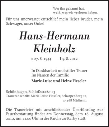 Traueranzeigen Von Hans Hermann Kleinholz Sh Z Trauer