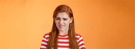 Cute Disgusted Redhead Girl Cringe From Aversion Bad Awful Smell Frowning Grimace Disappointed