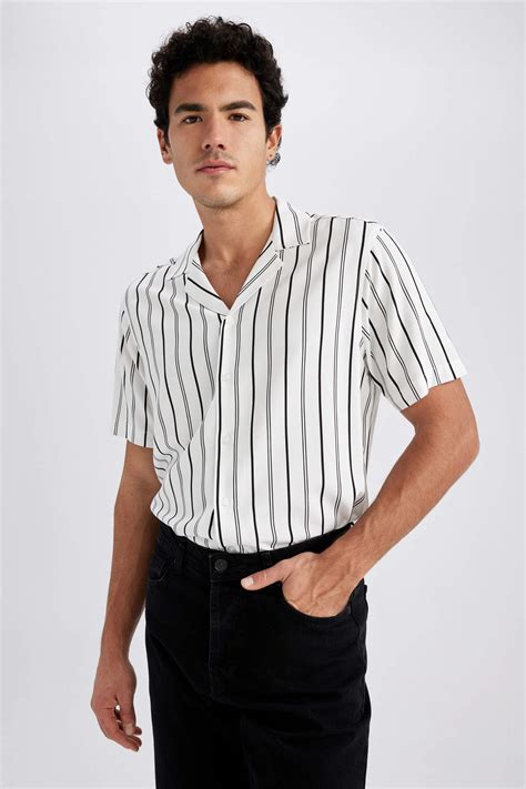 Ecru Man Regular Fit Striped Viscose Short Sleeve Shirt Defacto