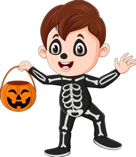 Cartoon Boy Wearing Halloween Skeleton Costume Holding Pumpkin Basket