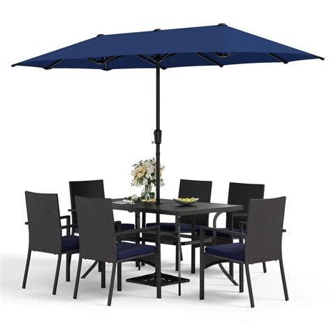 PHI VILLA Black 8 Piece Metal Patio Outdoor Dining Set With Umbrella