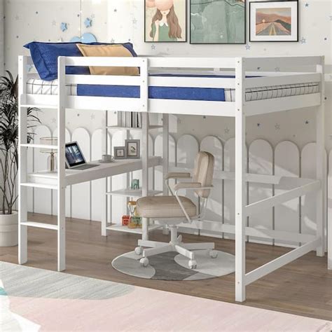 Harper And Bright Designs White Full Size Wooden Loft Bed With Built In