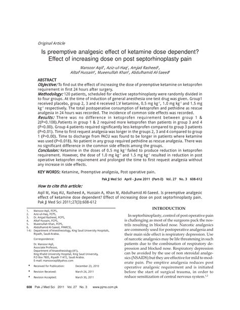 PDF Is Preemptive Analgesic Effect Of Ketamine Dose Dependent Effect