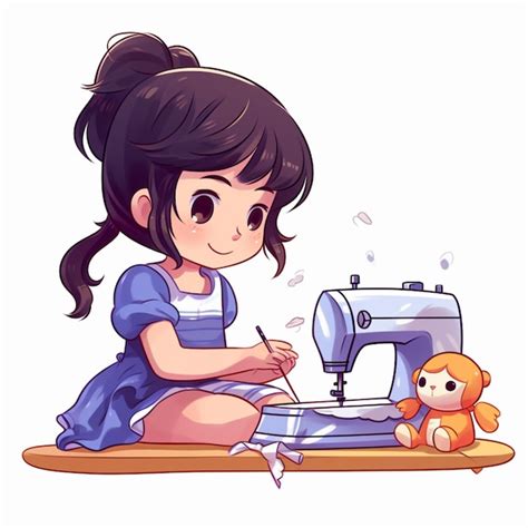 Niña de dibujos animados cosiendo en una máquina de coser con un oso de