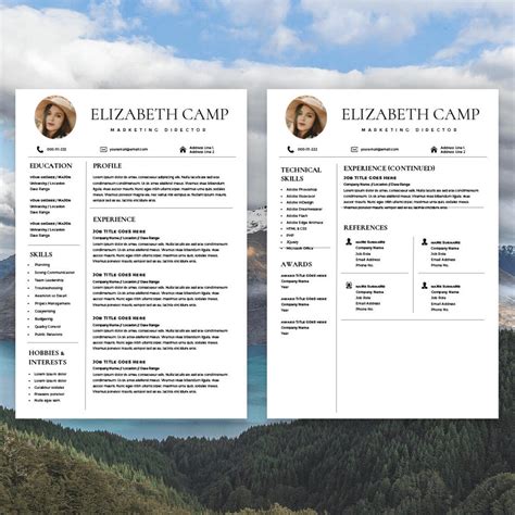 Resume Template With Headshot Photo Cover Letter Page Etsy