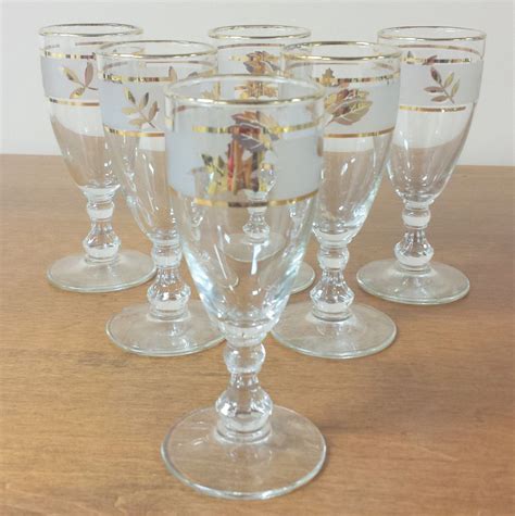 Set Of 6 Frosted Gold Foliage Cordial Glasses Sherry Port Etsy