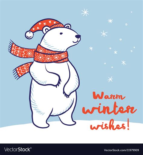 Christmas Card Polar Bear In Red Scarf And Hat Vector Image