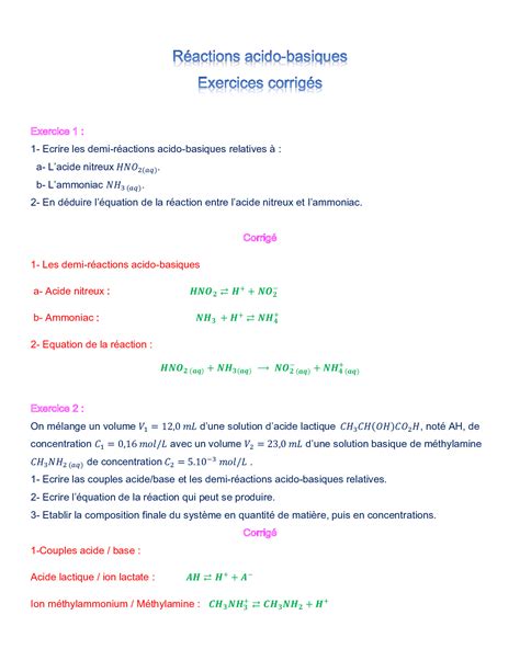 Les R Actions Acido Basiques Exercices Corrig S Alloschool