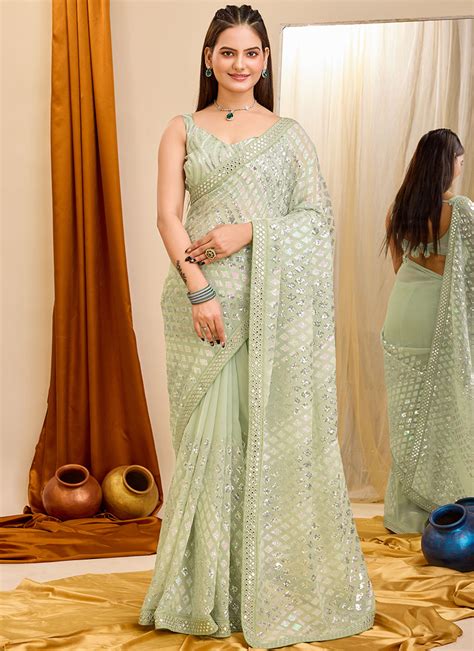 Buy Pista Green Embroidered Sequins Mirror Work Faux Georgette Saree