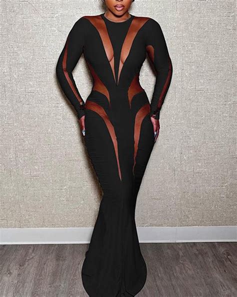 O Neck Sheer Mesh Long Sleeve Mermaid Maxi Dress