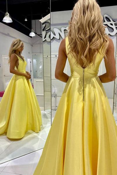 A Line V Neck Yellow Satin Long Prom Dress With Pocket V Neck Yellow