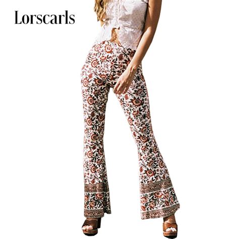 Lorscarls Boho Flare Pants Women Zipper Tribal Vintage Print Wide Leg